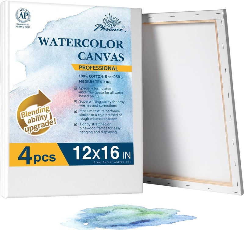 Phoenix Professional Stretched Watercolor Canvas - 12x16 Inch/4 Pack, 100% Cotton Water Color Canvases for Painting, 8 Oz. / 260g White Blank Medium Texture Canvas for Water Based Paints - Image 1